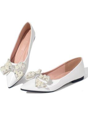 🆕Women's Dress Flats Comfortable Slip On White Pointed Toe Pearl Shoes
